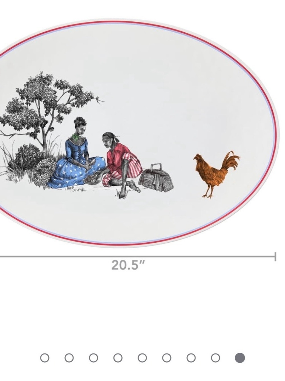 Sheila Bridges Platter with Hand-Painted Picnic Scene and Red Trim